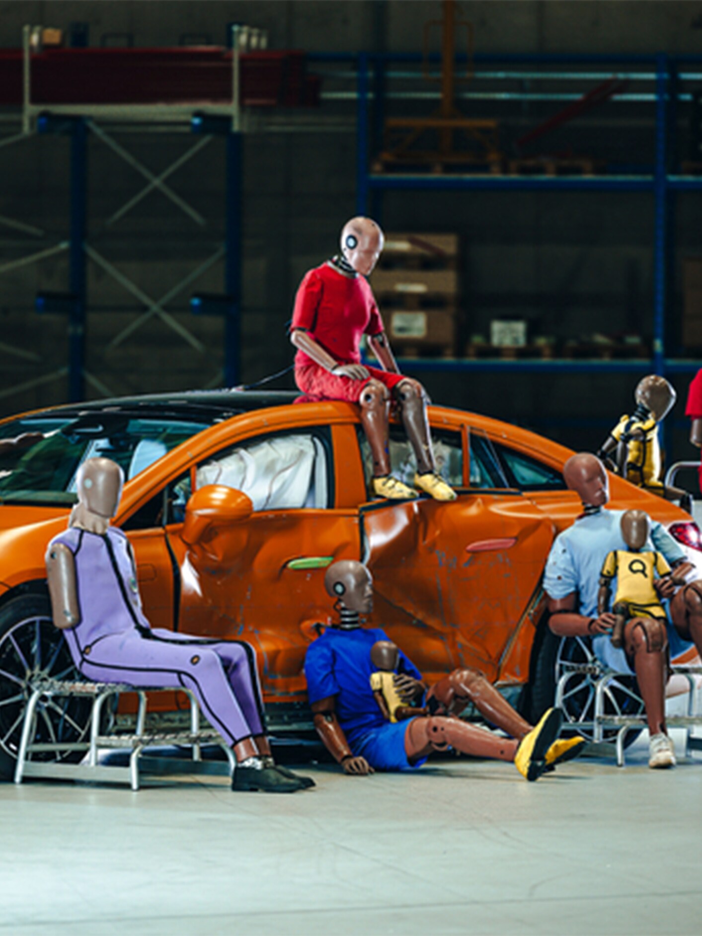 Meerdere crashtest dummies zitten op en rond een Mercedes-Benz.
