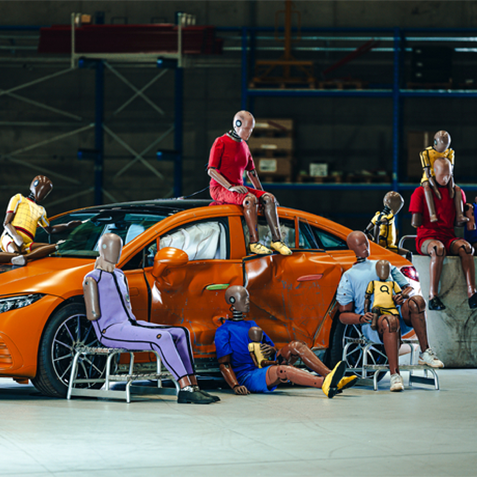 Mannequins de crash-test | Sécurité | Mercedes-Benz Plusieurs mannequins de crash-test assis sur et autour d'un véhicule Mercedes-Benz.