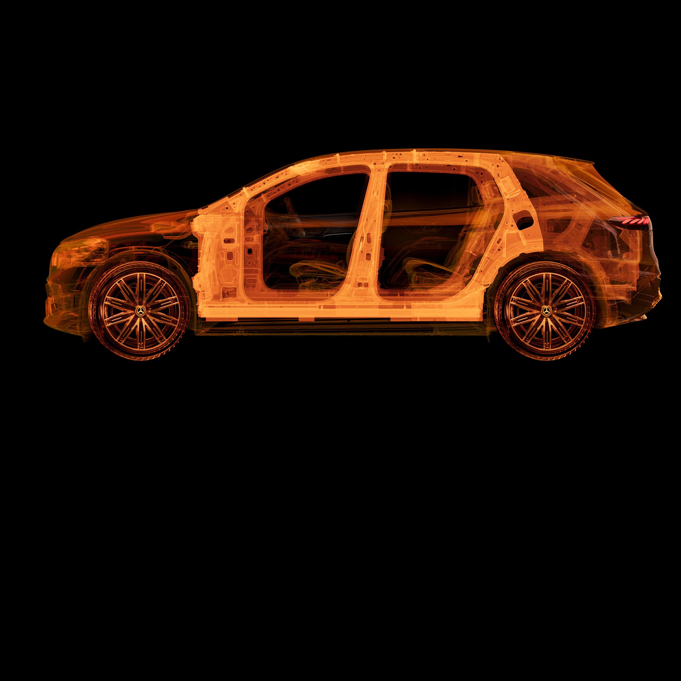Vue latérale transparente d'une voiture Mercedes-Benz montrant les structures intérieures.