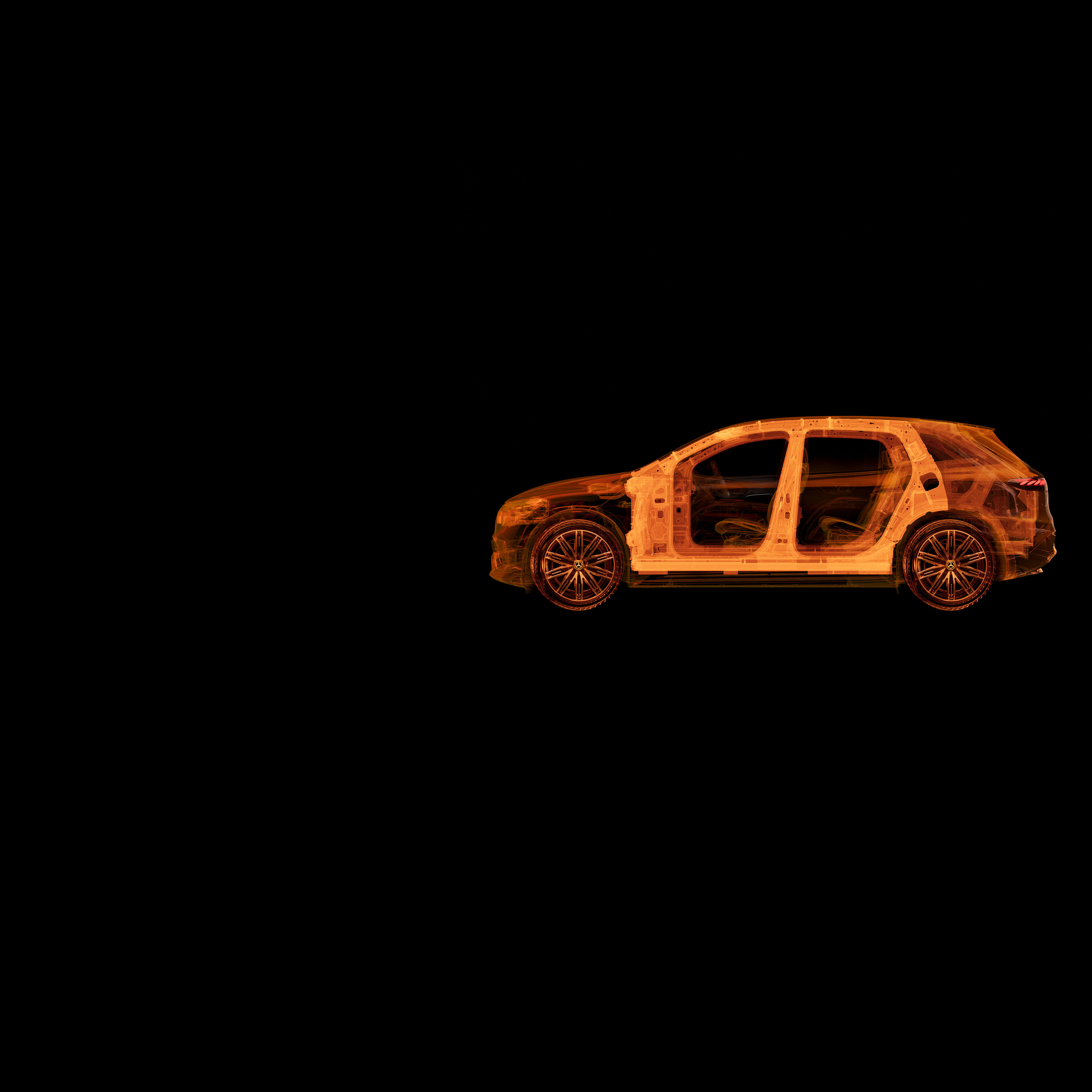 Sécurité | Mercedes-Benz Vue latérale transparente d'une voiture Mercedes-Benz montrant les structures intérieures.