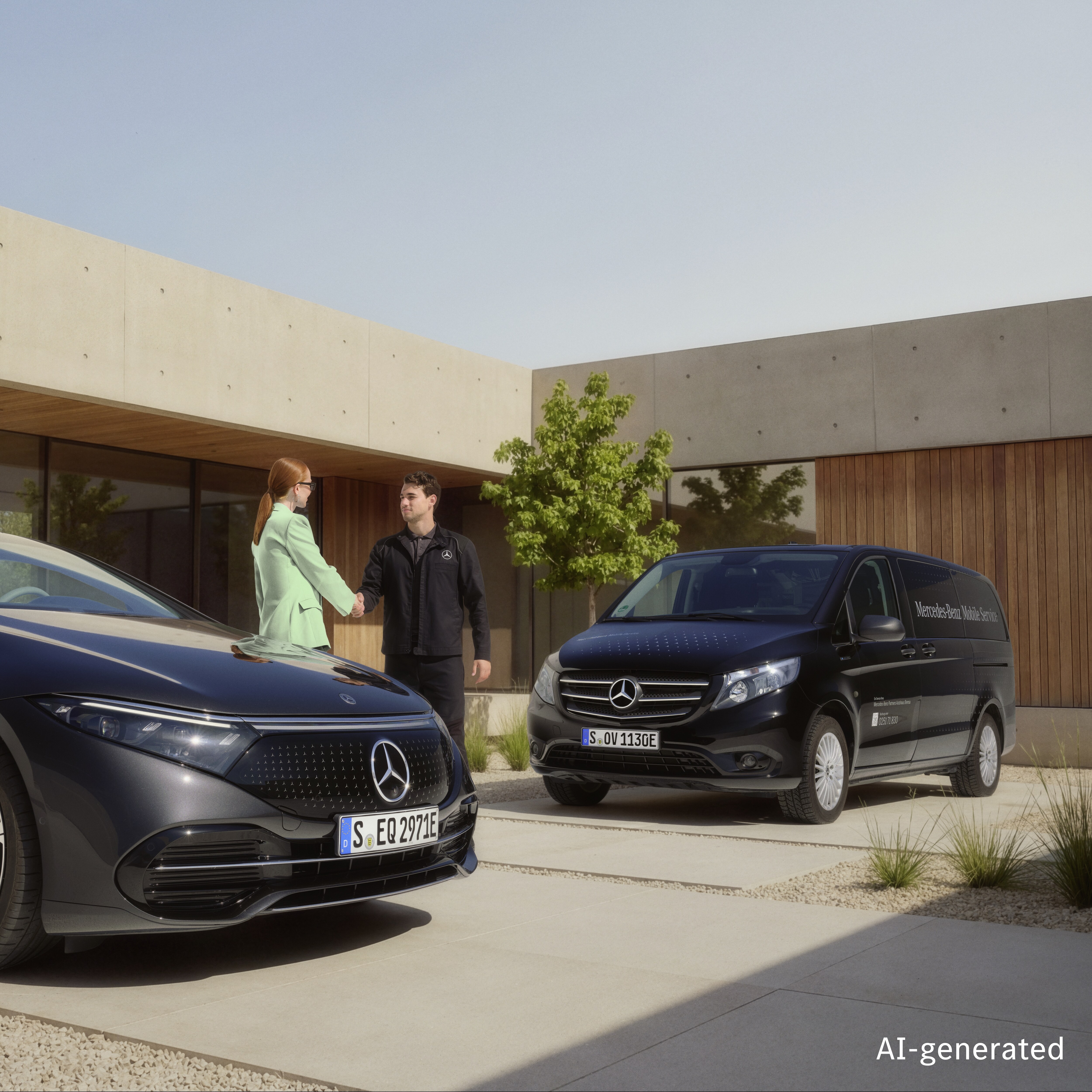 Un technicien Mercedes-Benz Mobile Service salue un client d'une poignée de main devant une maison moderne, avec une Mercedes-Benz garée dans l'allée et un utilitaire léger de service mobile à proximité.