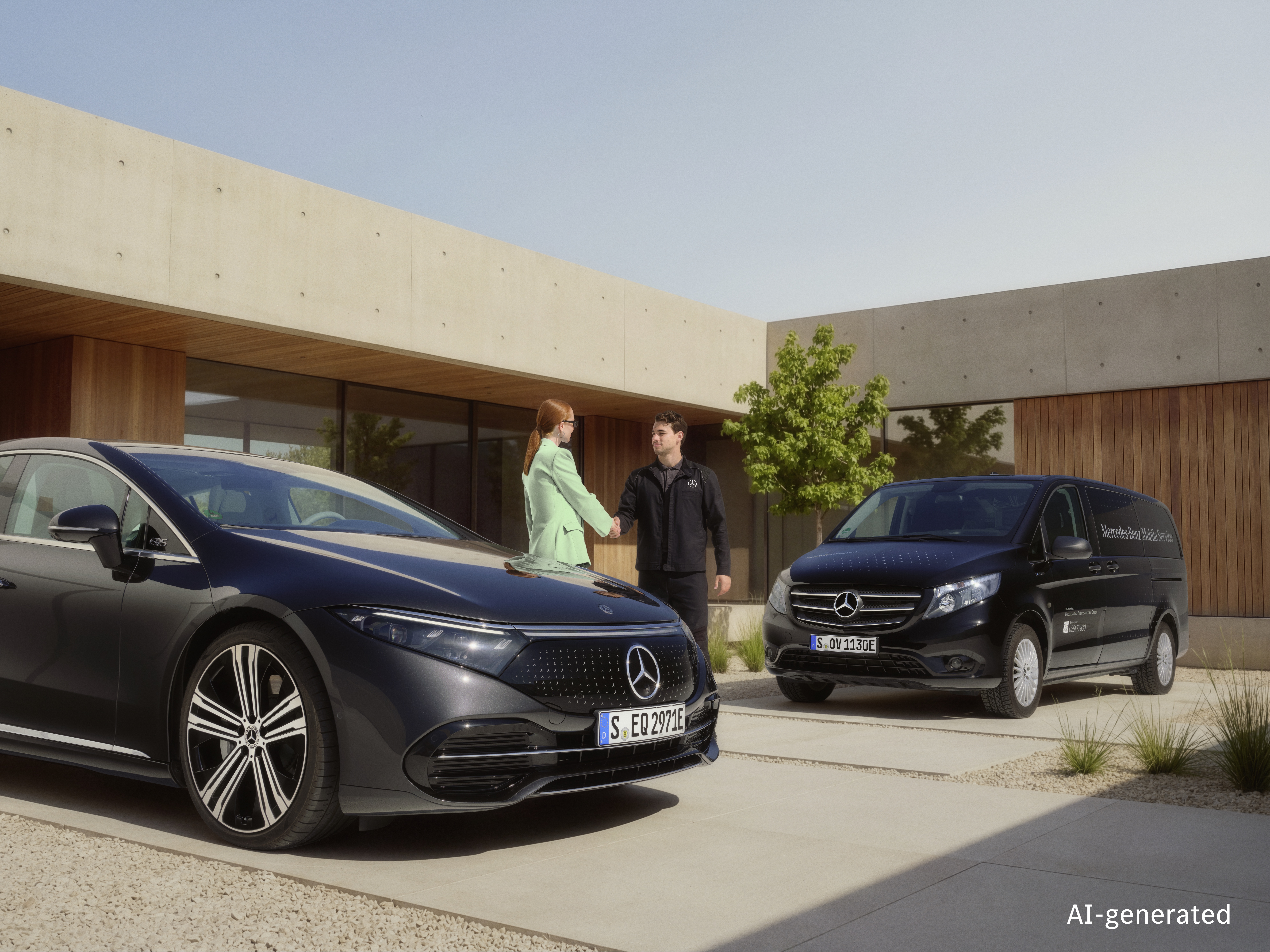 Mercedes Benz Mobiele Service aan huis Een Mobiele Servicetechnicus van Mercedes-Benz begroet een klant met een handdruk voor een modern huis, met een Mercedes-Benz geparkeerd op de oprit en een Mobile Service-bestelbus die in de buurt staat opgesteld.