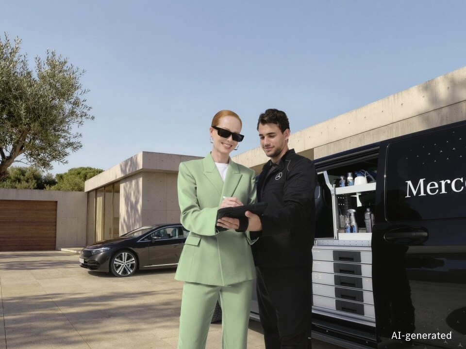 Een Mercedes-Benz Mobile Service-technicus neemt digitale documenten door met een klant naast een volledig uitgeruste Mobile Service-bestelbus, met een Mercedes-Benz die op de achtergrond bij een modern huis geparkeerd staat.