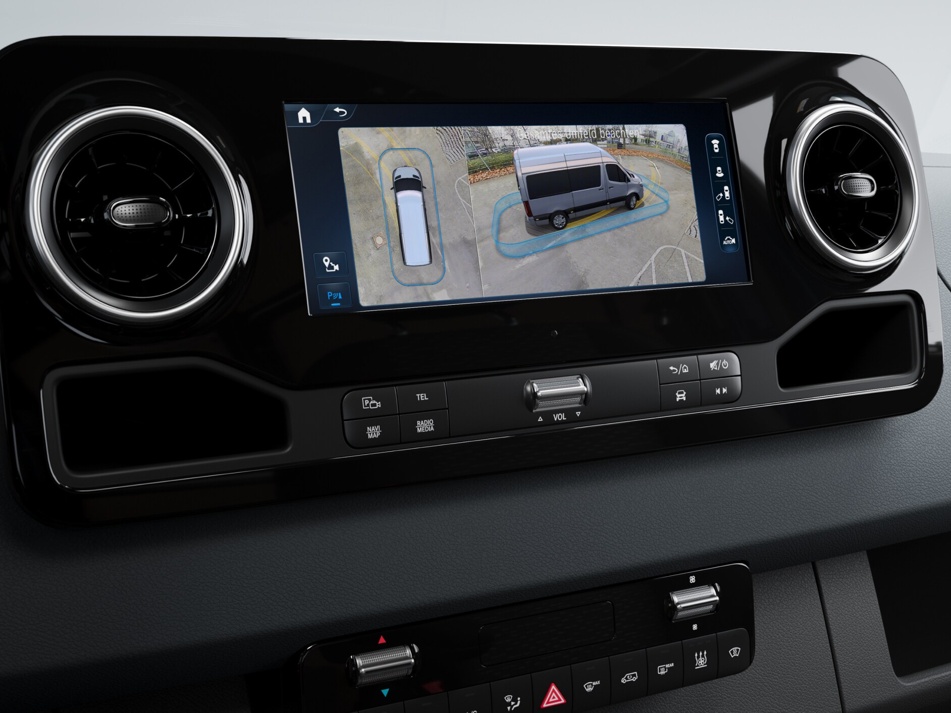 3D-surround view in een Mercedes-Benz bestelwagen.