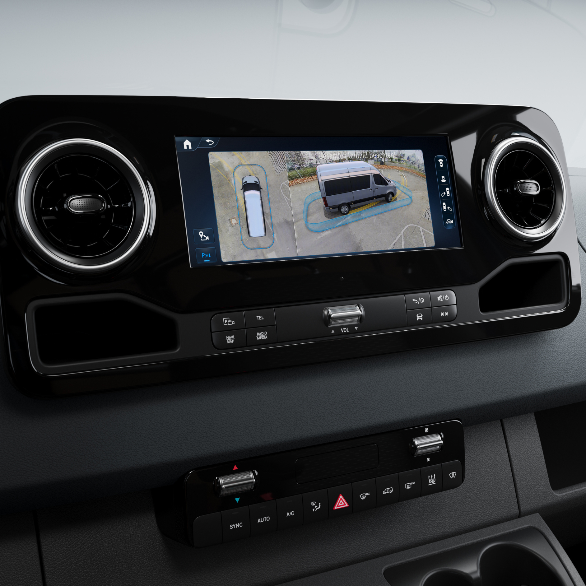 Voertuigfuncties | Assistentiesystemen | Mercedes-Benz 3D-surround view in een Mercedes-Benz bestelwagen.