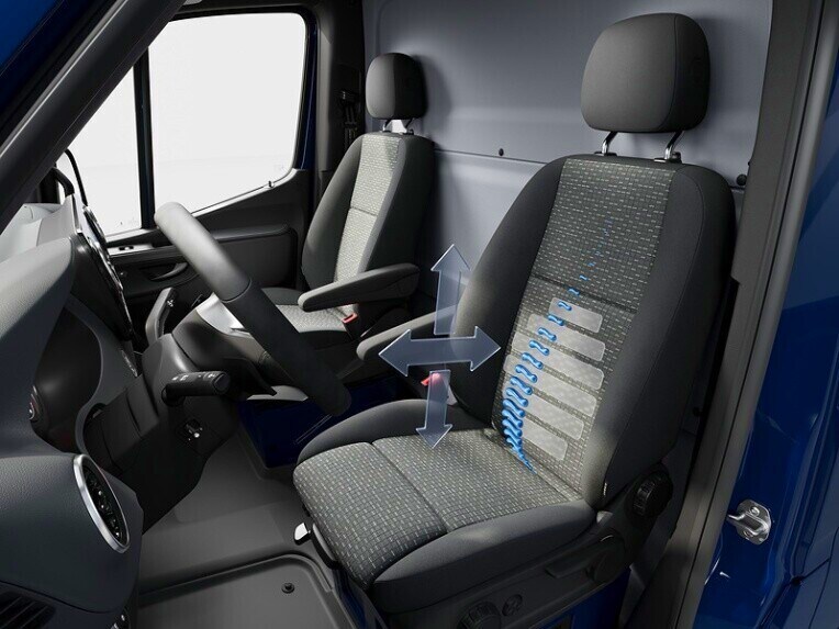 De bestuurders- en bijrijdersstoelen met lendensteun in de Mercedes-Benz Sprinter Chassiscabine.