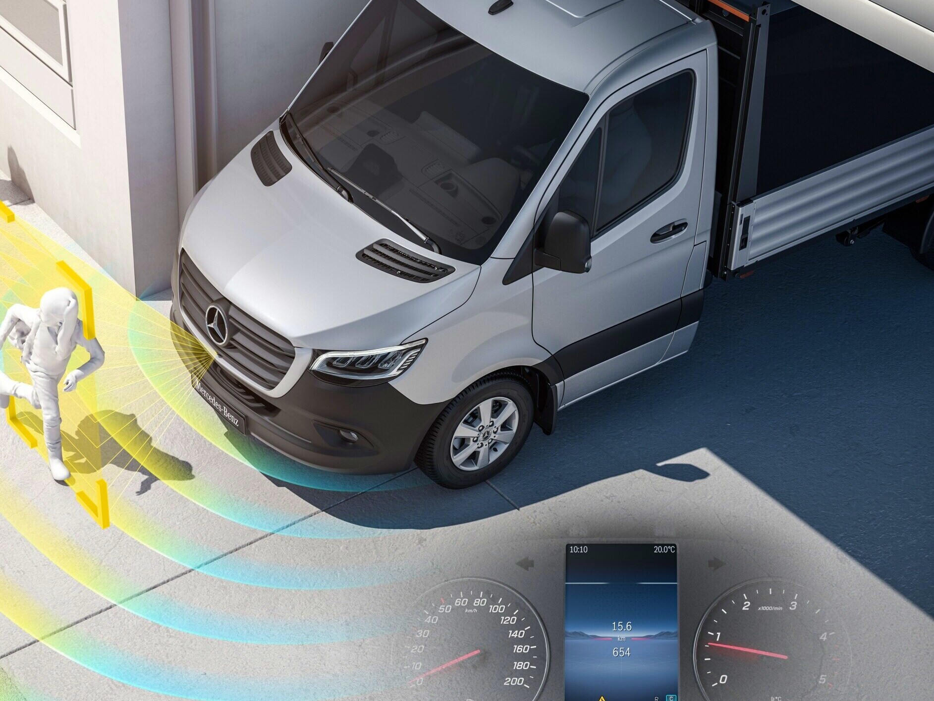 Het wegrij-informatie-assistent systeem (MOIS) voor de Mercedes-Benz Sprinter Chassiscabine.