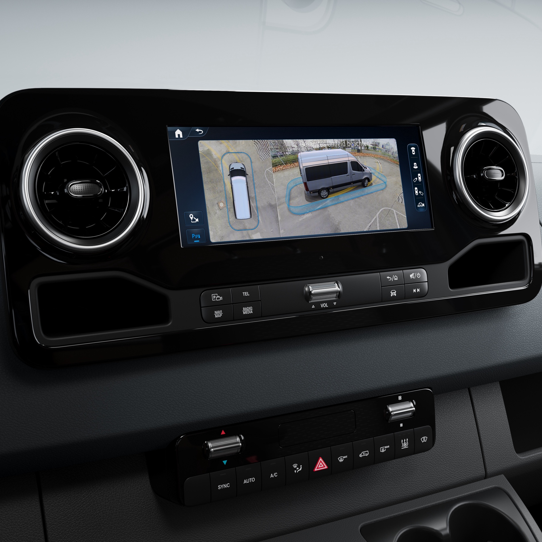 Voertuigkenmerken | Sprinter | Mercedes-Benz 360°-surround view display van het parkeerpakket voor de Mercedes-Benz Sprinter.