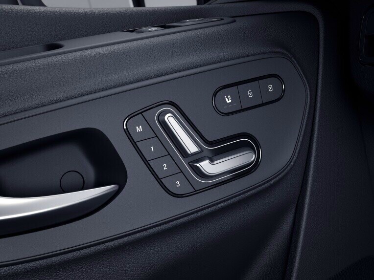 Les éléments de commande du siège conducteur à réglage électrique du Mercedes-Benz Sprinter Fourgon.