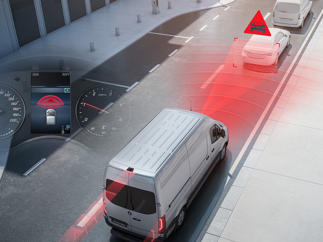 Système d'assistance à la conduite visualisé dans la circulation routière avec la Mercedes-Benz Sprinter fourgon.
