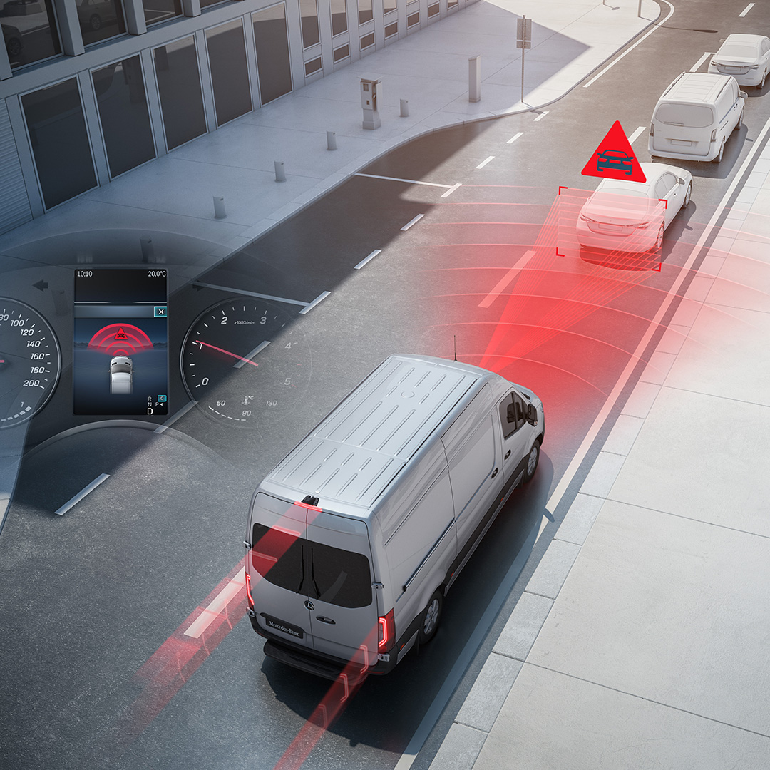 Systèmes d'assistance à la conduite | Sprinter fourgon | Mercedes-Benz Système d'assistance à la conduite visualisé dans la circulation routière avec la Mercedes-Benz Sprinter fourgon.