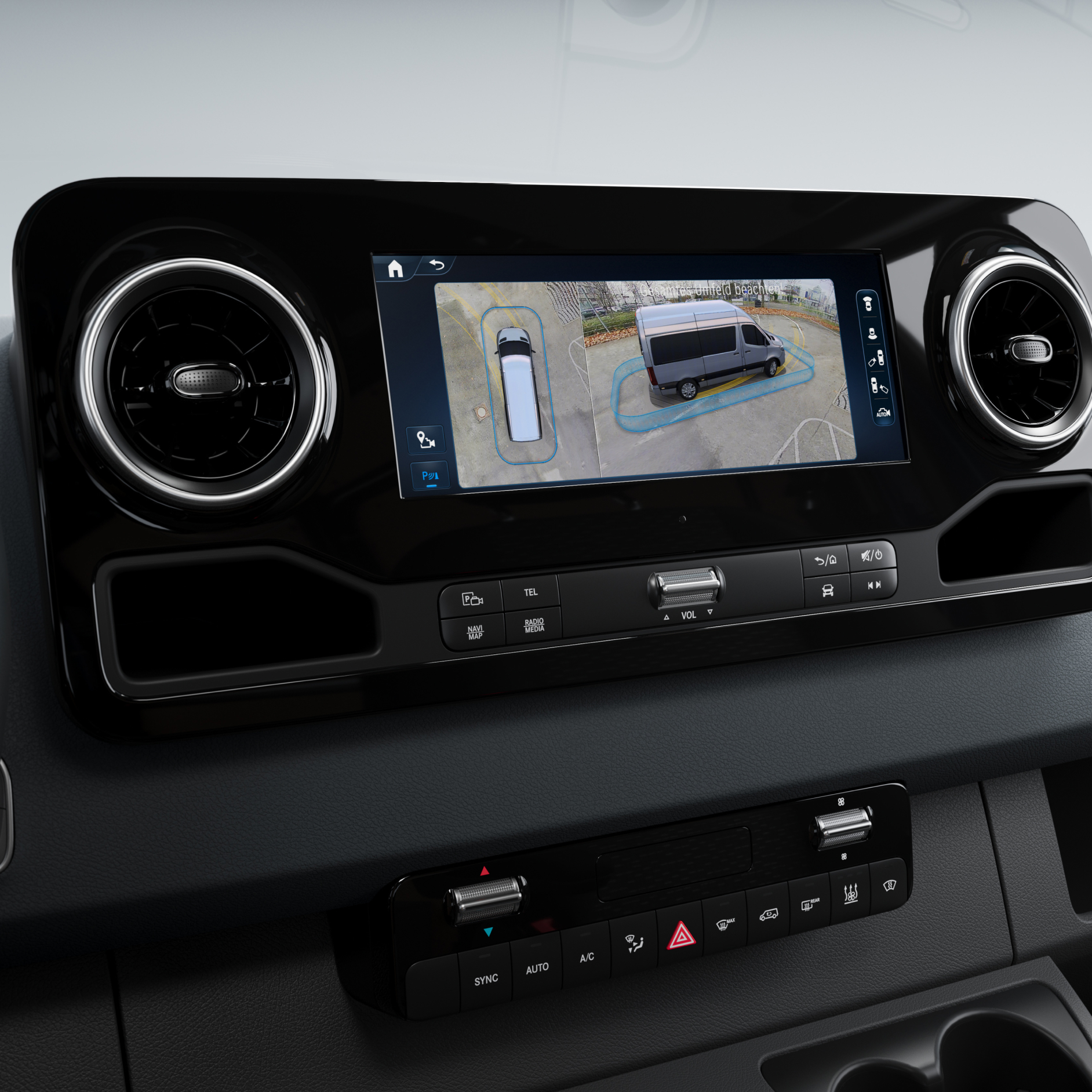 MBUX multimediasysteem | 3D-surround view | Mercedes-Benz 3D-surround view in het MBUX multimediasysteem in een Mercedes-Benz bedrijfswagen.