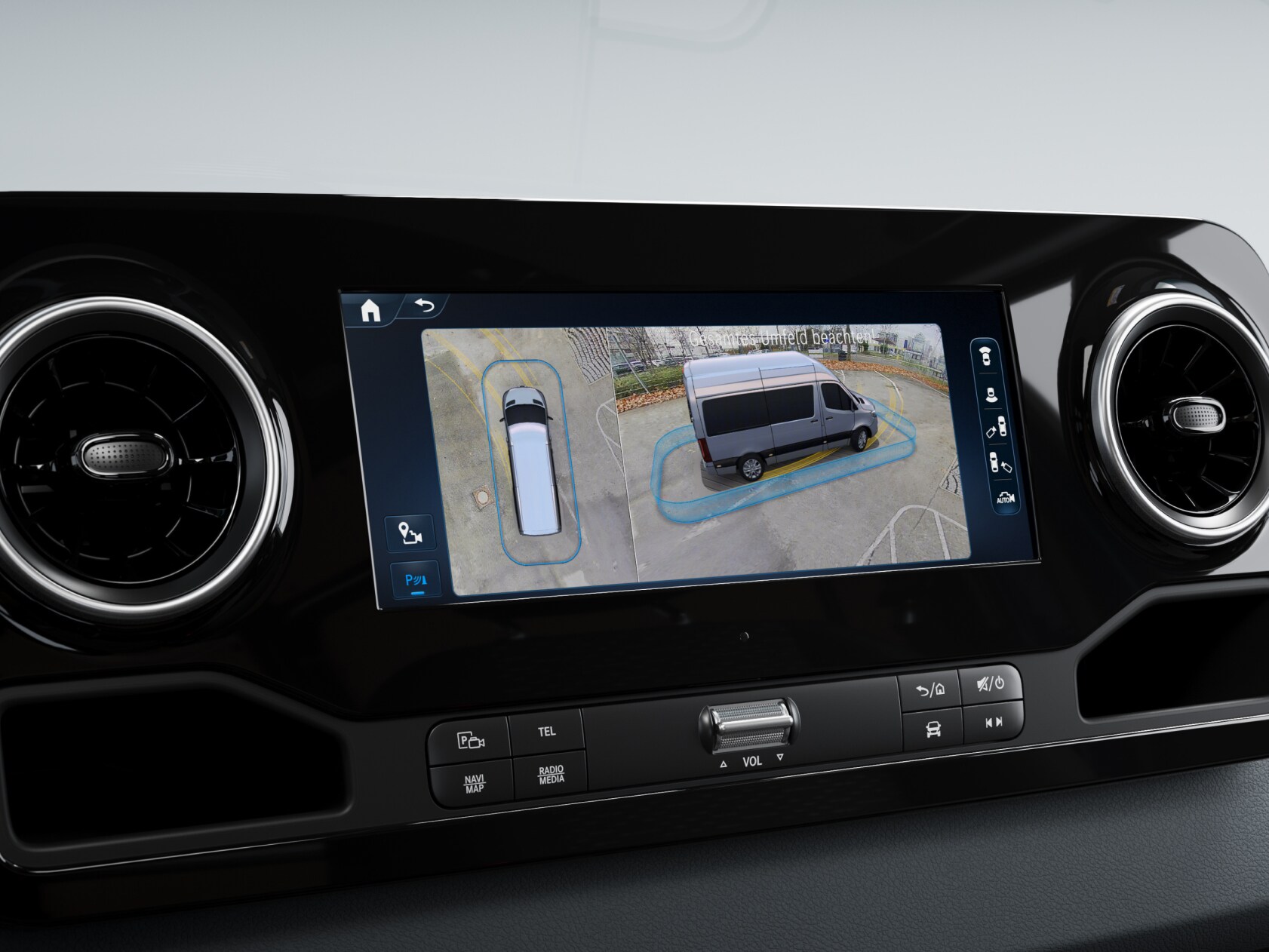 La vue surround 3D dans le système multimédia MBUX d'un utilitaire léger Mercedes-Benz.