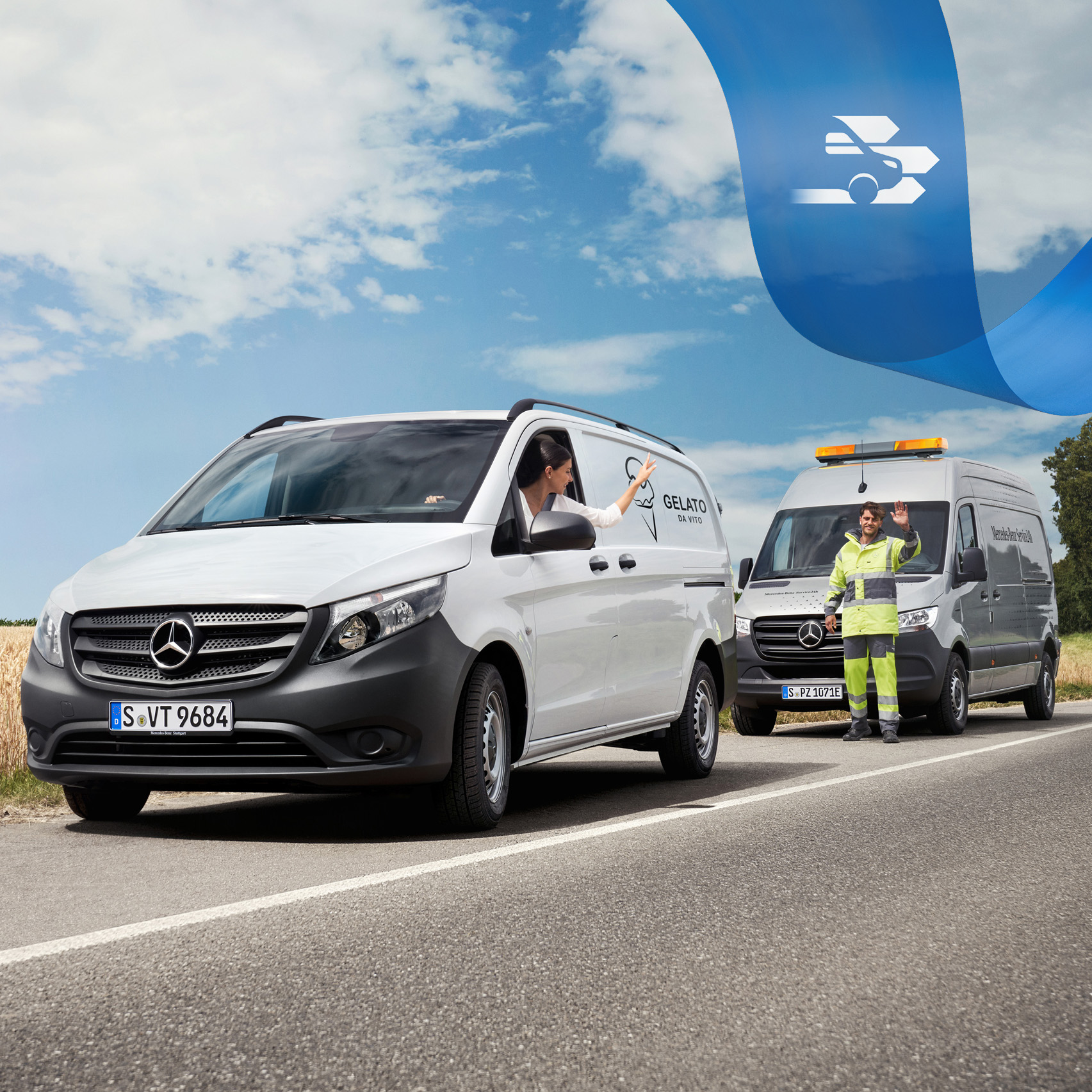 Mercedes-Benz | Assistance pour utilitaires légers | Service24h Un support compétent en matière d'assistance : le service Mercedes-Benz vient en aide à un conducteur d'utilitaire léger sur le bord de la route, tous deux saluent amicalement.