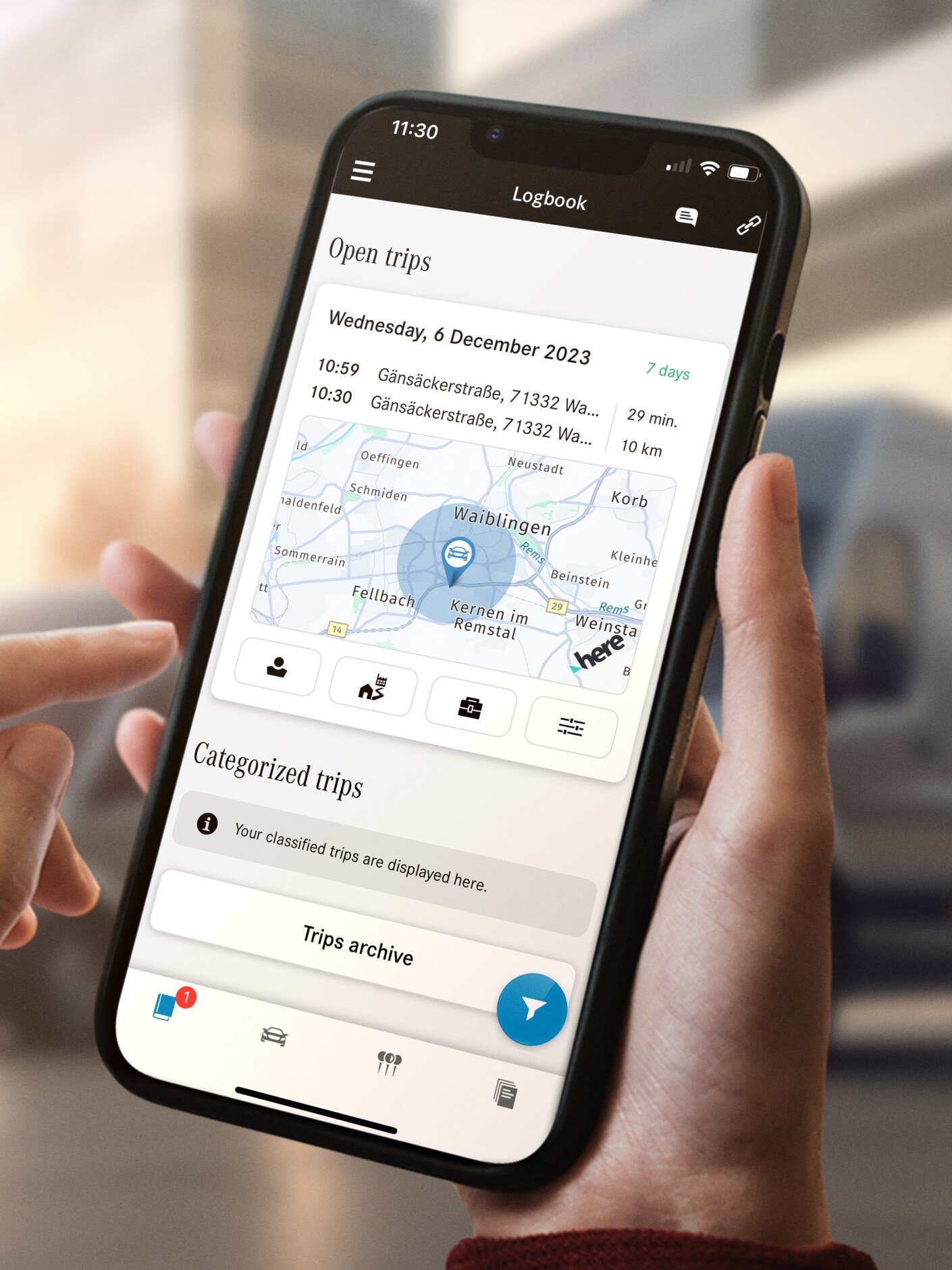 De functie Elektronisch rittenboek van Mercedes-Benz op een smartphone.