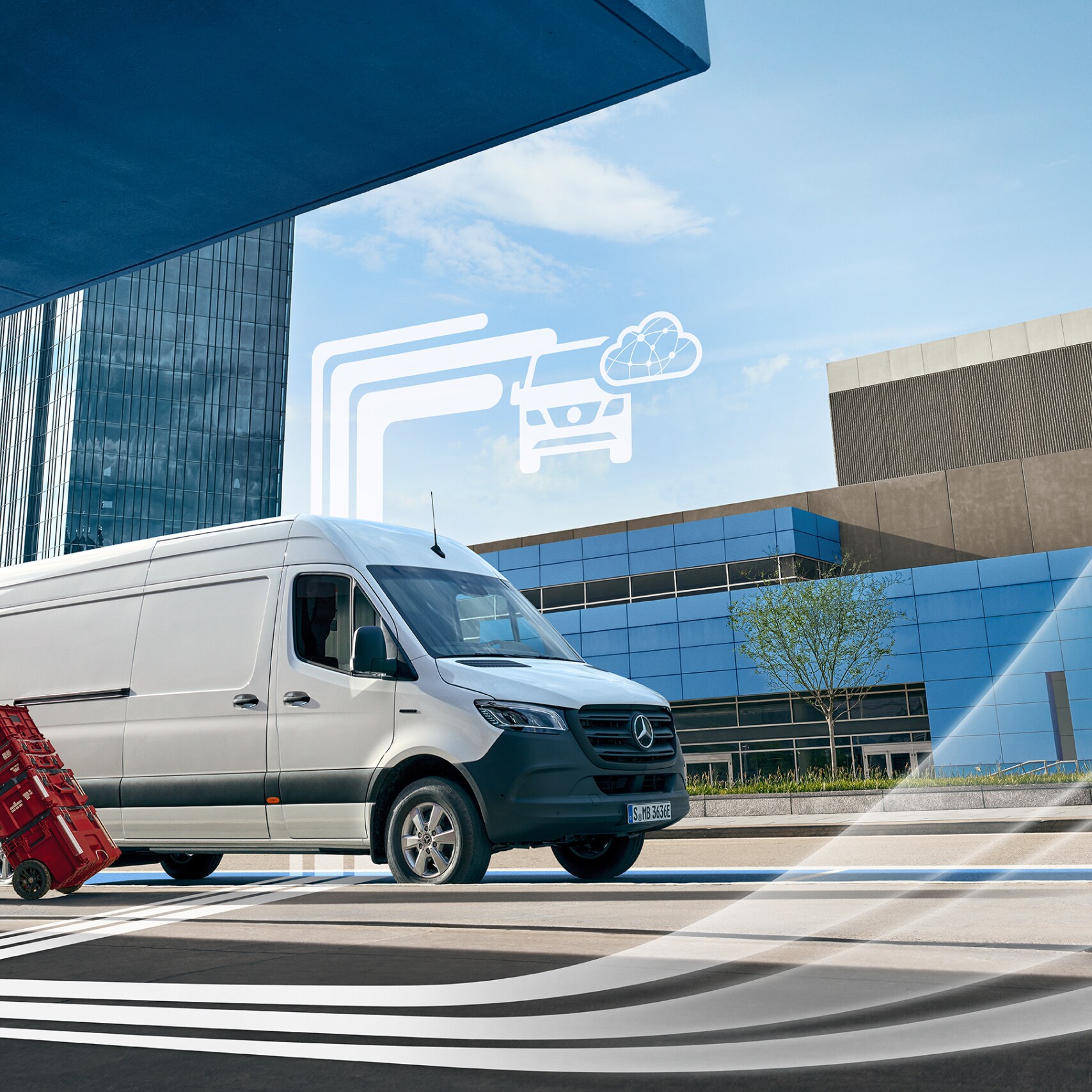 Een Mercedes-Benz bestelwagen met grafische elementen die de digitale extra's voorstellen.