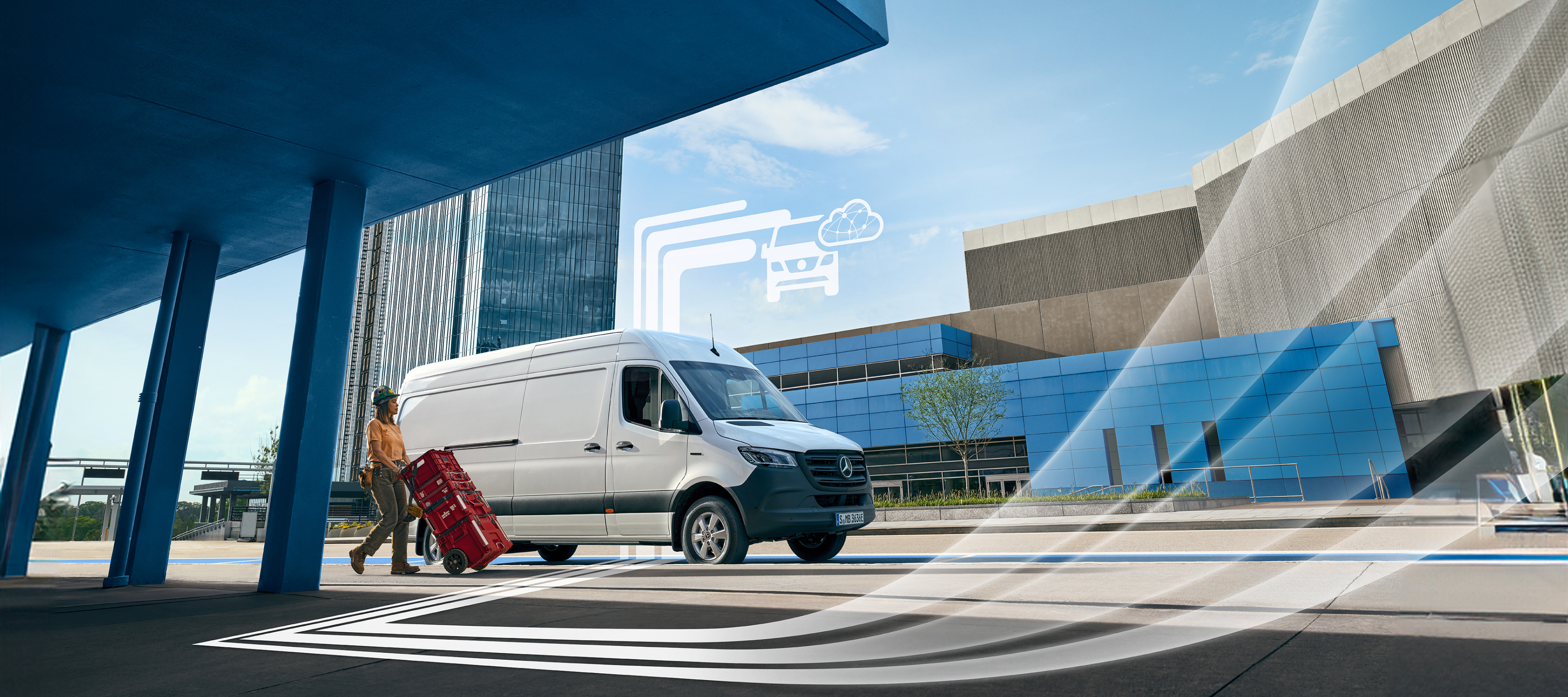 Aanvullende digitale extra's | Digitale extra's | Mercedes-Benz Een Mercedes-Benz bestelwagen met grafische elementen die de digitale extra's voorstellen.
