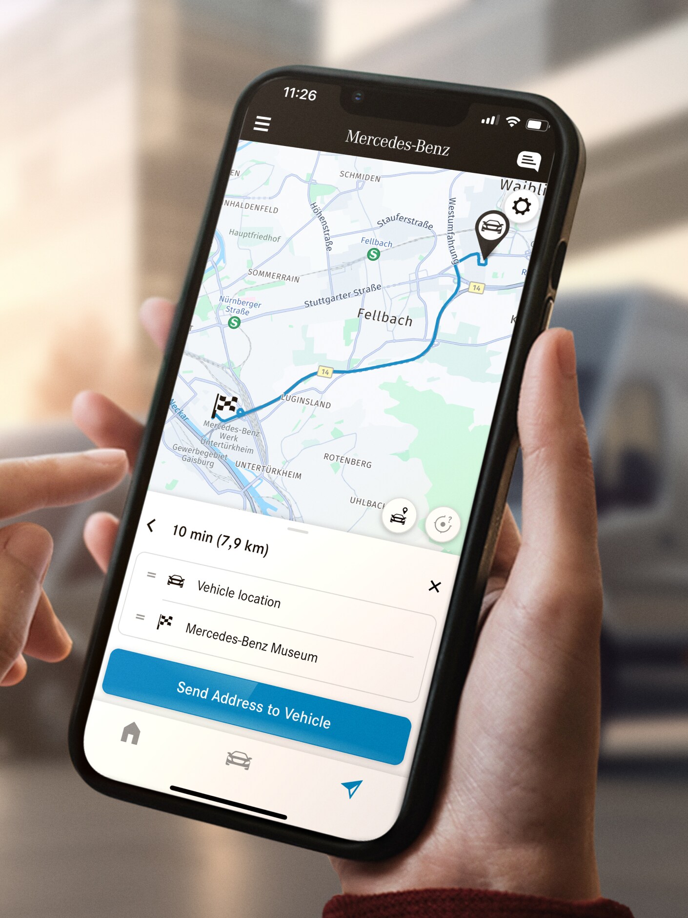 De Send2Car-functie van Mercedes-Benz op een smartphone.
