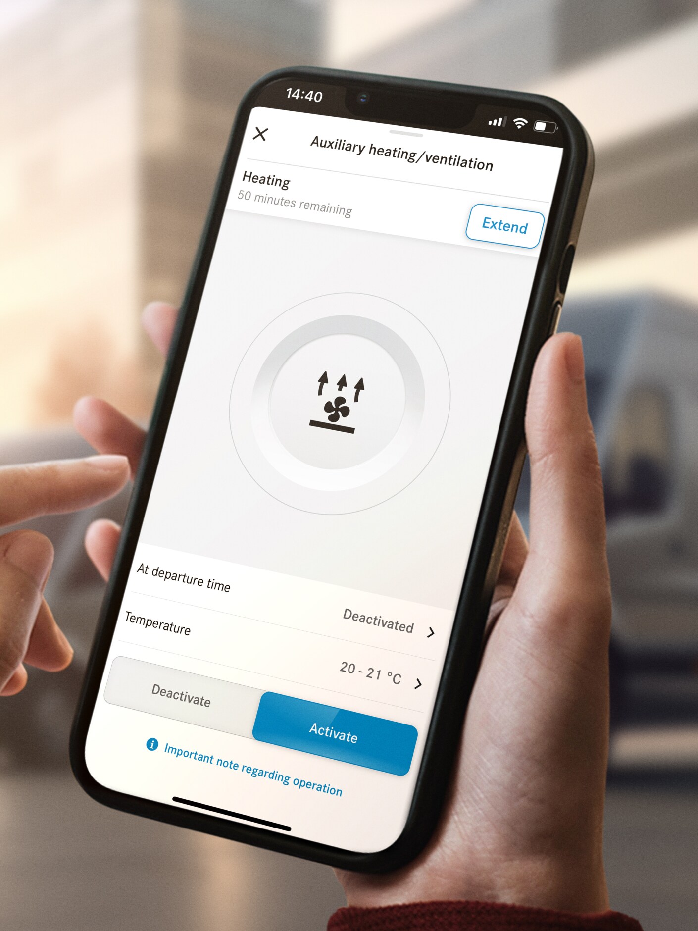 De functie Standverwarming-/ventilatie van Mercedes-Benz op een smartphone.