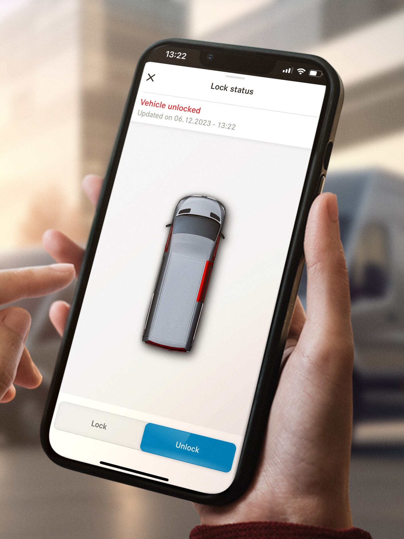 De functie Op afstand ver-/ontgrendelen van voertuig op een smartphone.