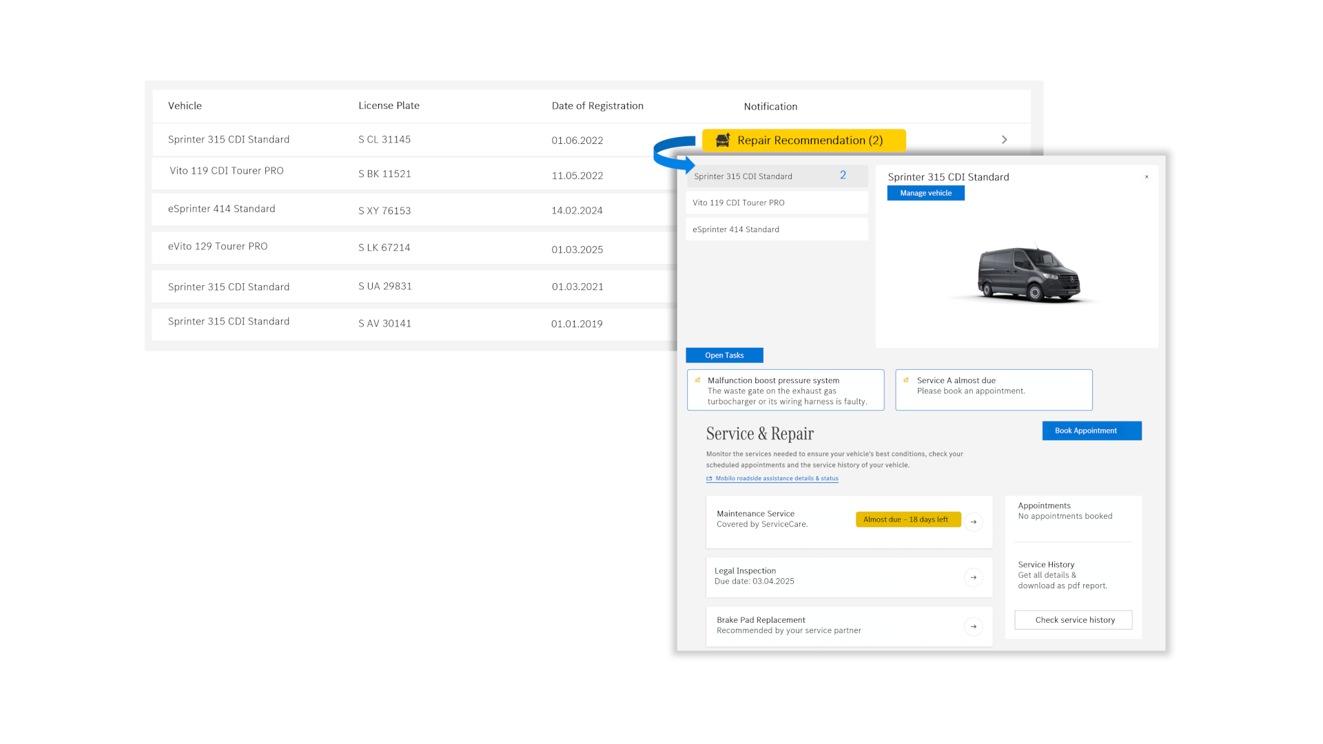 Van Uptime Monitor | Digitale extra’s | Mercedes-Benz Inzicht in de Mercedes-Benz Van Uptime Monitor Digital Extra: weergave van een voertuiglijst met diverse statusinformatie en aanbevolen acties.