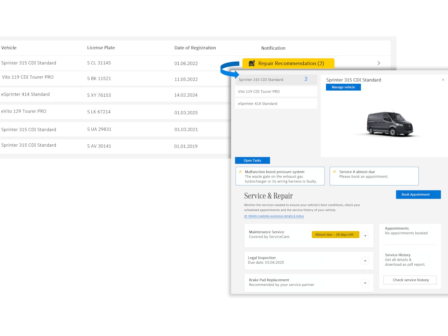 Un aperçu du service connecté Mercedes-Benz Van Uptime Monitor&nbsp;: affichage d'une liste de véhicules avec différentes informations d'état et des actions recommandées.