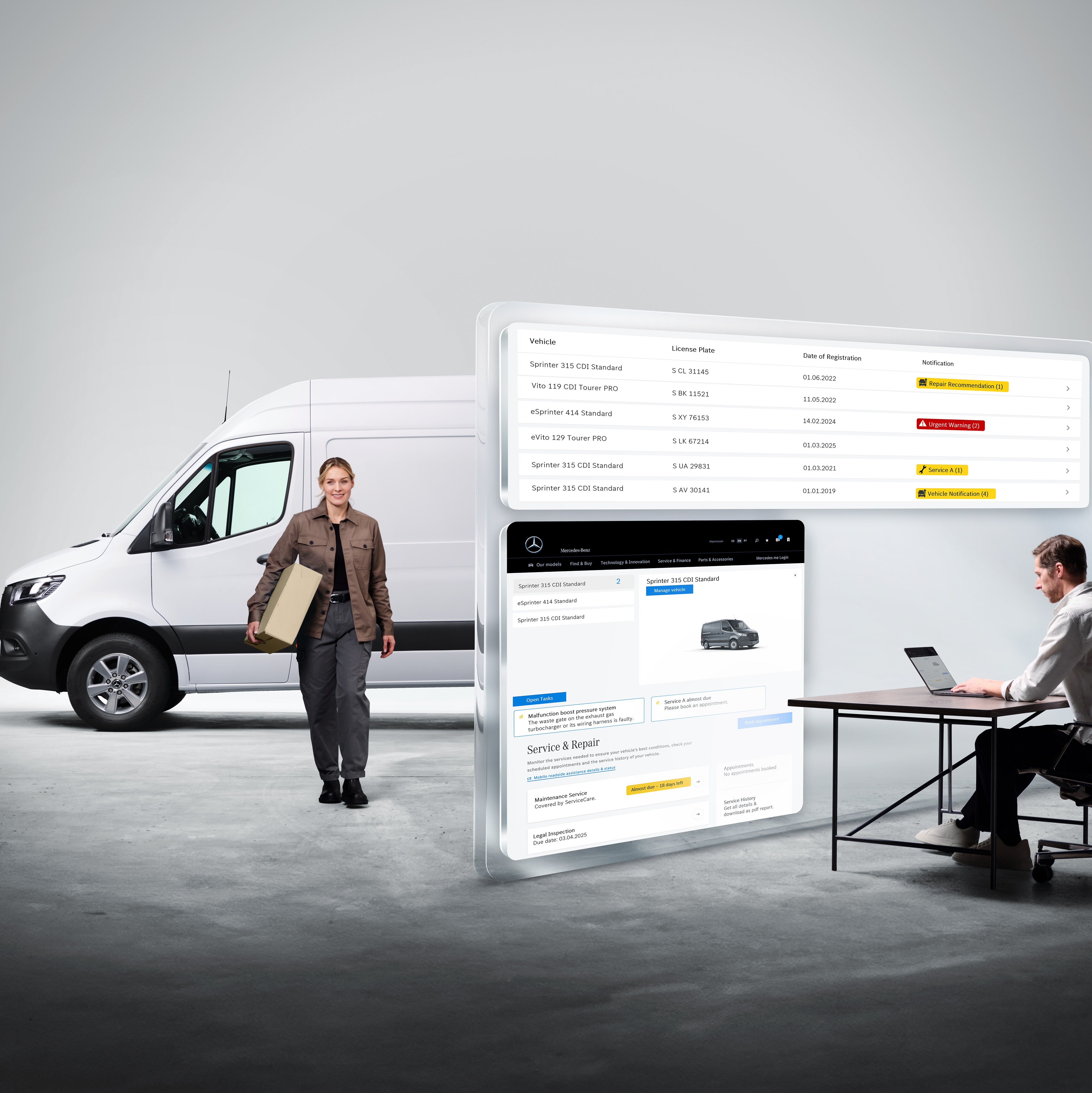 De schermen met digitale diensten van Mercedes-Benz met personen en een Mercedes-Benz Sprinter op de achtergrond.