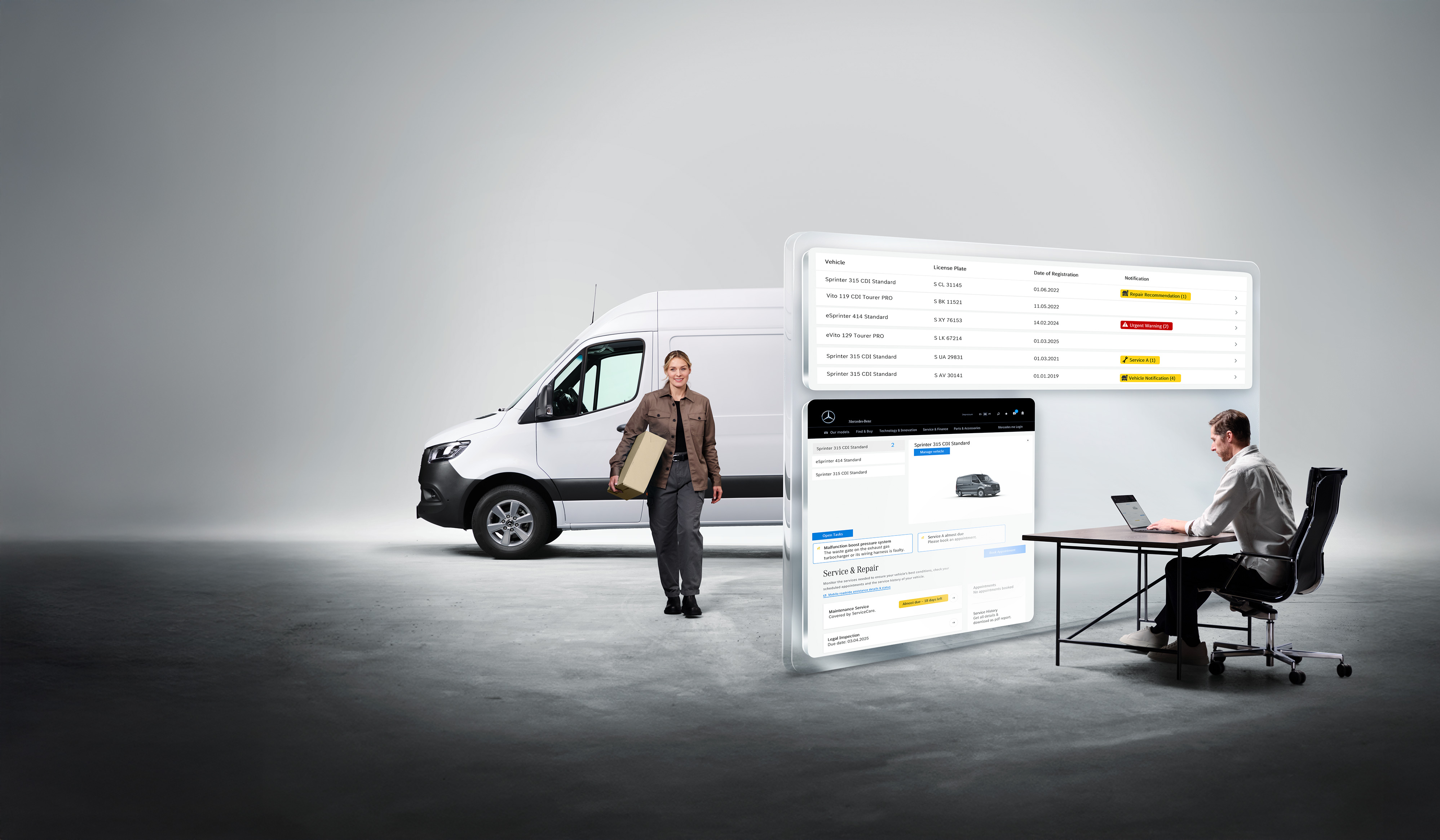 Mercedes-Benz | Services de flotte pour utilitaires légers | Uptime monitor De grands écrans d'ordinateur affichent le suivi du temps de fonctionnement des utilitaires légers Mercedes-Benz. Un livreur se tient devant un Mercedes-Benz Sprinter blanc en arrière-plan.