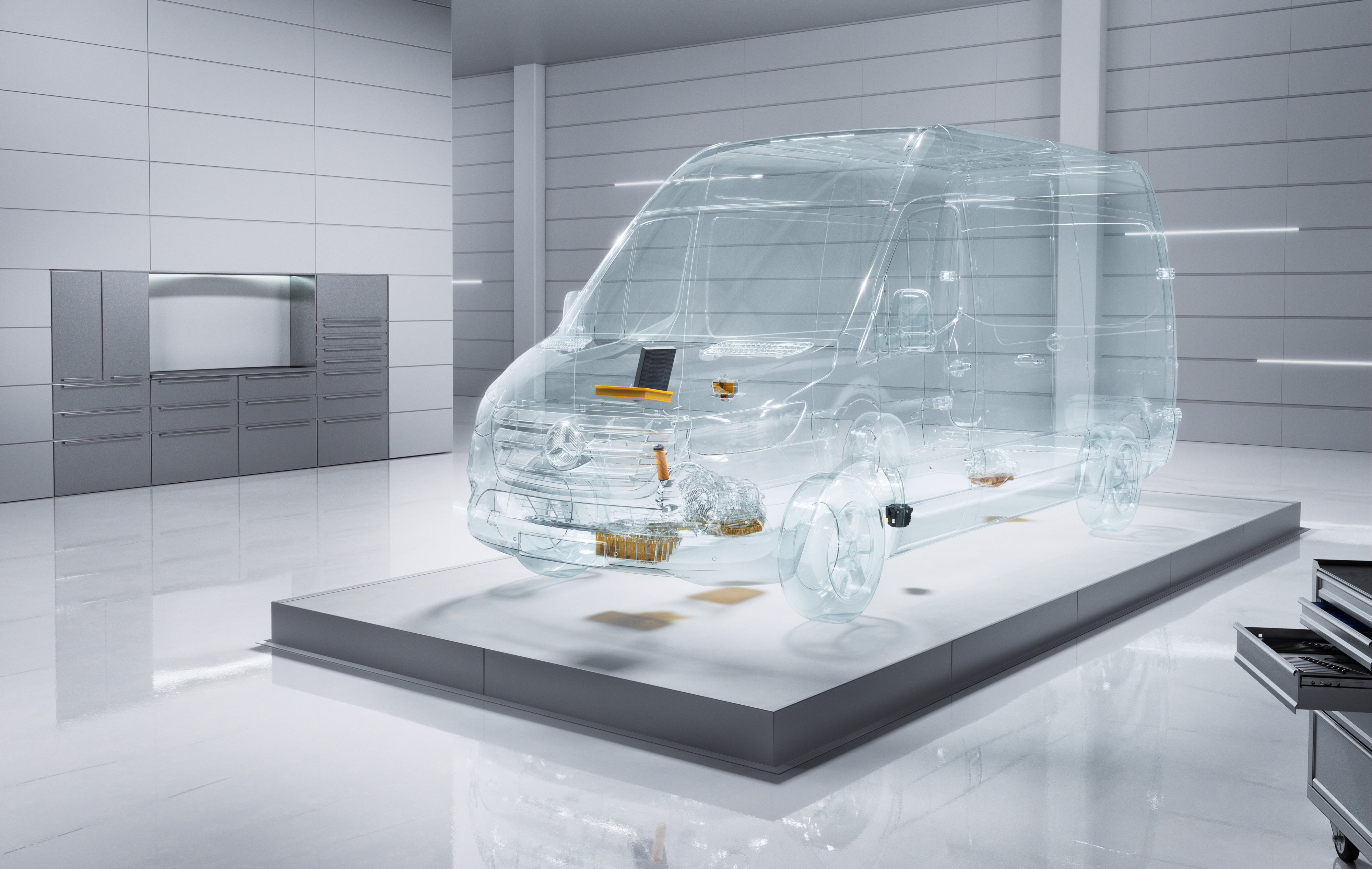 Mercedes-Benz | Bedrijfswagen ServiceCare | Optimaal onderhouden Een virtuele transparante Mercedes-Benz Sprinter in een werkplaats.