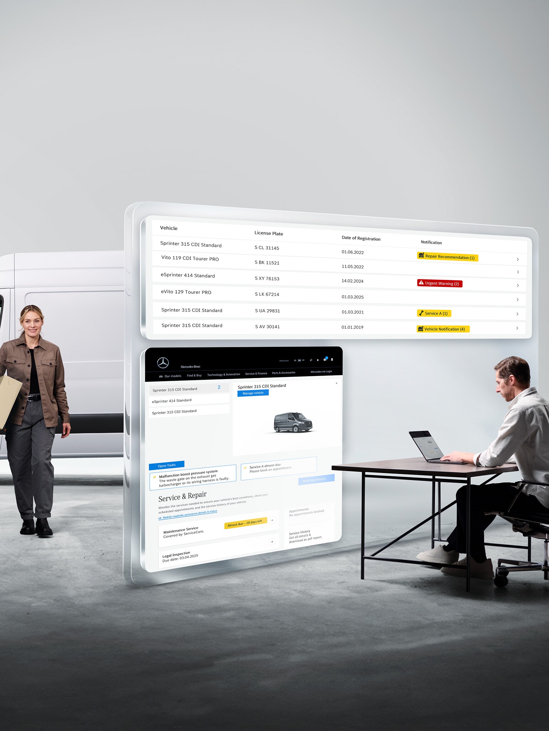 Digitale Mercedes-Benz diagnose: man met laptop, vrouw naast bedrijfswagen, virtuele diagnosegegevens in beeld gebracht.