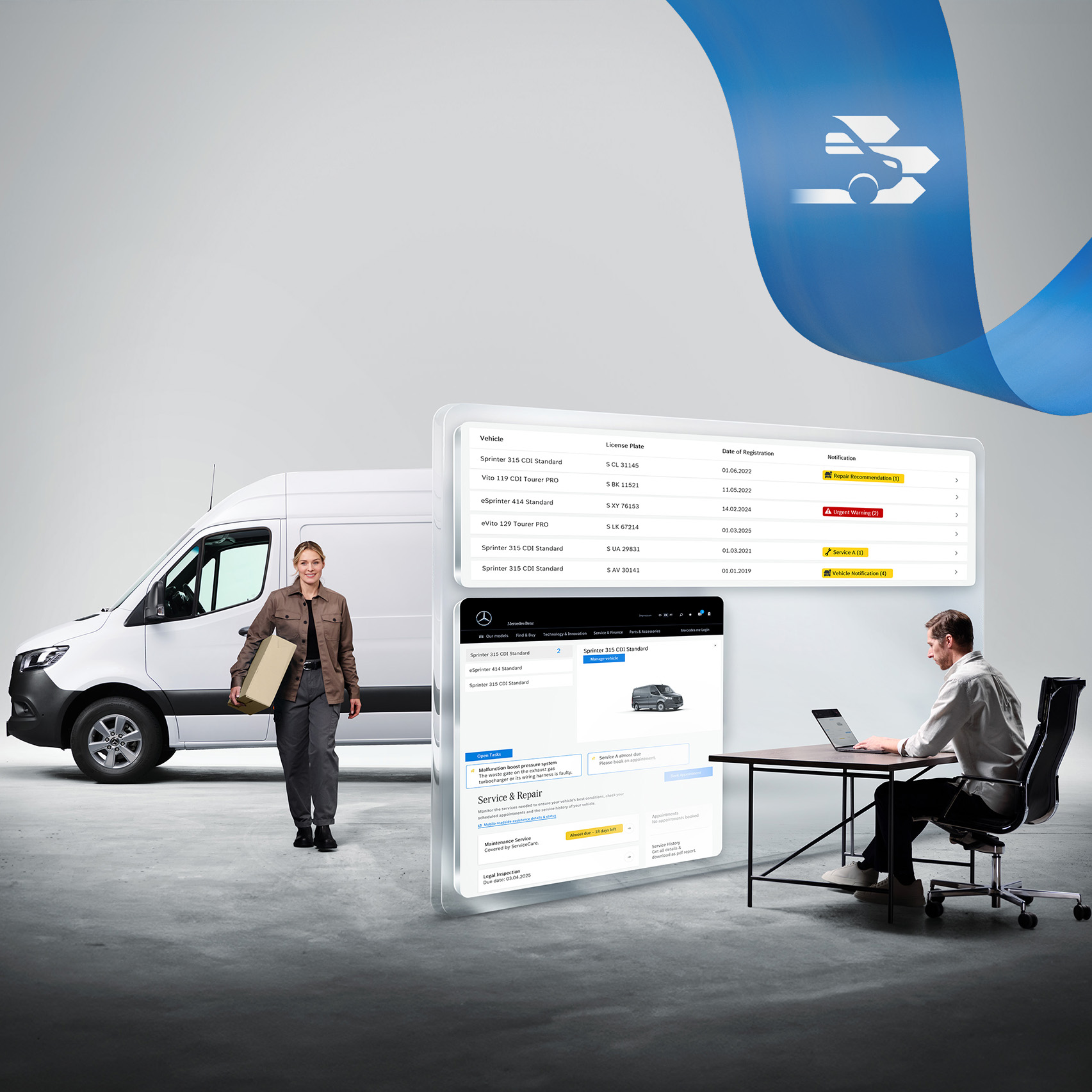 Mercedes-Benz | Bedrijfswagentechnologie | Van Uptime Monitor Een man die het wagenpark via een laptop bewaakt en een bezorgster die op de achtergrond uit haar witte Sprinter-bedrijfswagen stapt.